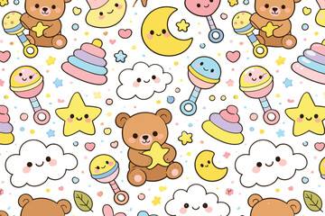 Fototapeta premium Cute Baby Toys Pattern - Bears, Moon, Stars, Clouds, Rattles
