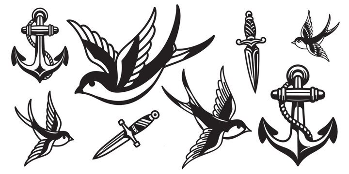 Old School Flash Tattoo Vector Set with Anchors, Swallows and Daggers