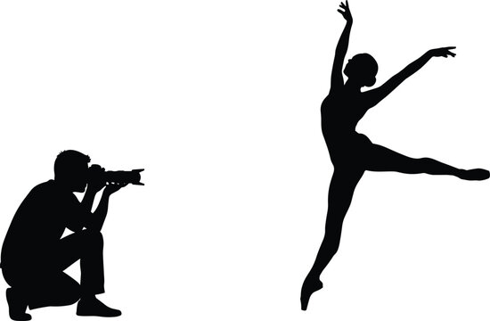Black Silhouette Illustration of Photographer Taking Picture of Ballet Dancer in Mid-Air Pose Depicting Art, Performance, and Creativity