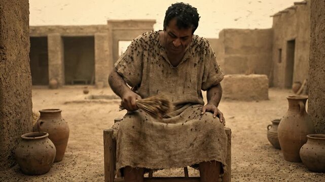 Distressed Egyptian man sitting in a dusty village street swiping away a swarm of flying insects representing the eighth biblical plague of locusts during the ancient exodus story