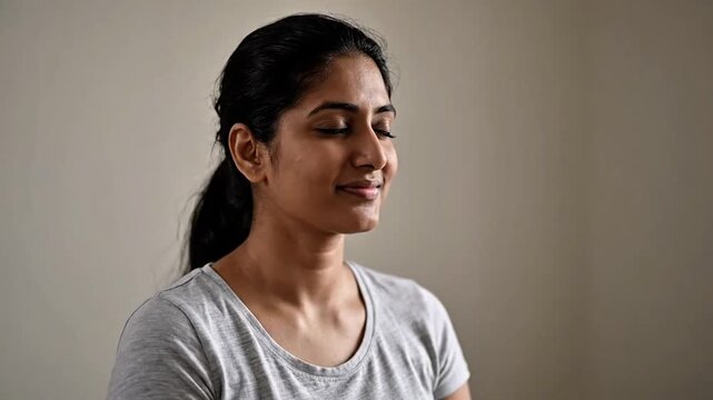 Silent Full HD video of a person practicing mindful breathing with eyes closed.
Neutral background, slow natural movement, peaceful mood.
No sound, no text, no logos.