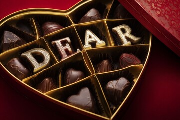 Luxury heart shaped chocolate box with DEAR letter pralines