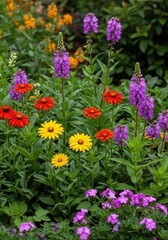 Fototapeta premium A vibrant garden yard filled with diverse flowering plants creating a peaceful, lush, and colorful natural landscape scene, green, outdoor, sunny