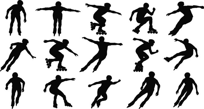 Black Silhouette Illustration of Rollerblading Individuals in Dynamic Poses Including Jumping, Gliding, Turning, and Athletic Skating Movements