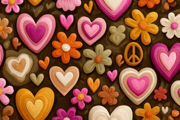 Hippie style Valentines Day background with funky elements