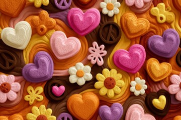 Funky flower power hearts and wavy lines wallpaper