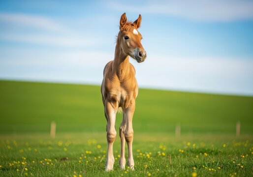 An adorable young horse foal standing alertly in a vibrant green pasture during the springtime. expressing innocence, new life, and beauty, equine, field, daylight