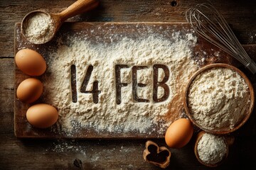 Rustic kitchen table with eggs whisk and flour letterings