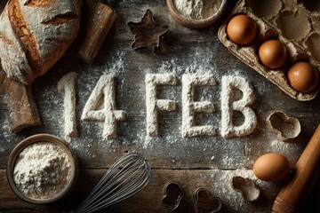 Top view of flour message on rustic wooden kitchen table