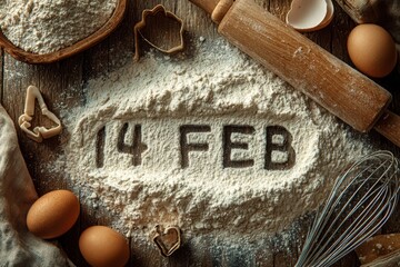 Valentine's Day baking background with 14 Feb flour text