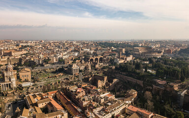 Fototapeta premium Aerial view of ancient Rome with Roman Forum ruins