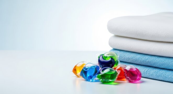 Colorful laundry detergent pods sitting near a stack of freshly cleaned white and blue towels, symbolizing cleanliness and freshness, domestic, service, aroma