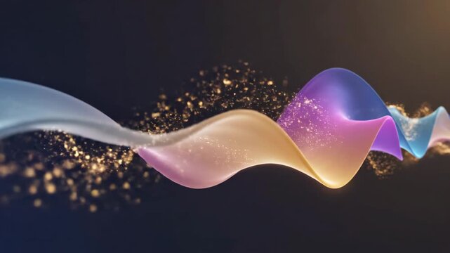 Abstract colorful ribbon wave with sparkling particles on a dark background for modern visuals and presentations