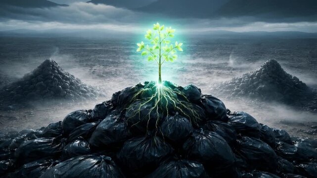 Surreal landscape showing a single luminescent green sapling with visible roots sprouting and growing from a massive pile of black trash bags, symbolizing hope, renewal, and nature's resilience