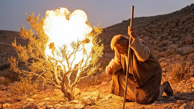 Biblical prophet Moses kneeling in a rocky desert landscape holding a wooden staff and looking with awe at a burning bush on fire representing the famous biblical encounter with divine presence