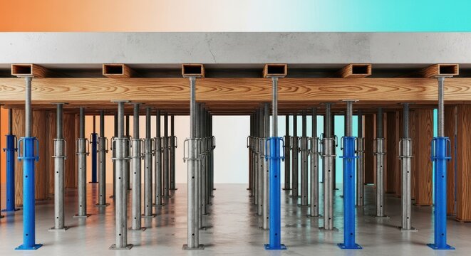 Temporary heavy duty support structures, using metal shoring posts and wooden beams, holding a recently poured elevated concrete deck during curing, structural components, design, elevated