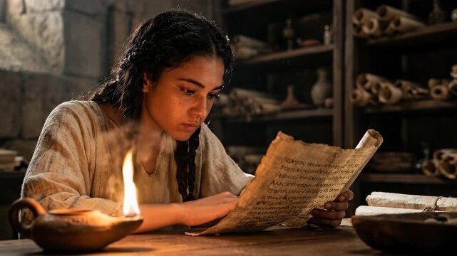 Atmospheric Historical Close Up of Young Queen Cleopatra Reading Ancient Papyrus Scroll by Oil Lamp Light in Great Library of Alexandria Depicting Wisdom Knowledge and Education Concept in Ancient Egy