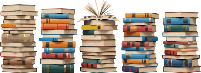 Stacked books illustration featuring six tall colorful piles with varied sizes, spines, and an open book, symbolizing knowledge, education, and research resources.