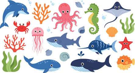 Playful cartoon sea creatures illustration with dolphin, crab, jellyfish, octopus, shark, whale, narwhal, seahorse, stingray, starfish, pufferfish, coral, seaweed, seashells. © IconicCreations