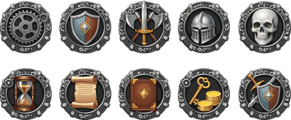 Steampunk fantasy game icons set with gears, swords, shields, skull, scroll, book, treasure, hourglass, mechanical design for RPG interface and adventure artwork. © IconicCreations