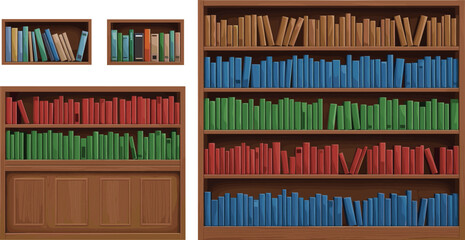 Wooden bookshelf illustration featuring five shelves filled with color‑coded books in red, green, blue, and brown, organized for decorative and educational design. © IconicCreations