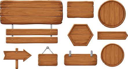 Wooden signboard illustration set featuring eleven rustic plaques in rectangular, circular, hexagonal, and arrow shapes with brackets, hanging mounts, and natural wood texture. © IconicCreations