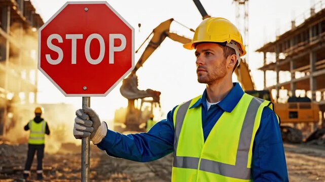 A construction worker in a yellow hard hat and vest holds a stop sign on a building site in a video about roadwork and safety protocols.