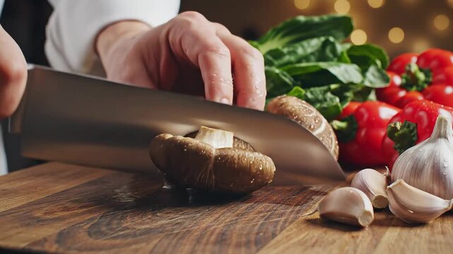 Chef slicing fresh shiitake mushrooms on a wooden cutting board with vegetables
