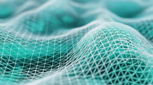 Cyan white mesh wave soft breathable fabric floating folding slow motion cinematic surreal ethereal ambience cascading softly glowing futuristic abstract unique style