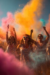Fototapeta premium Vibrant holi festival celebration with colorful powder and joyful crowd
