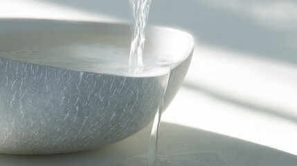 Water Flowing into a Textured Ceramic Bowl