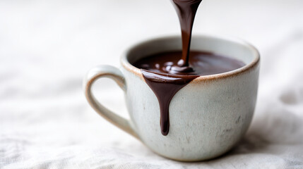 Close-up of chocolate syrup pouring into a ceramic mug