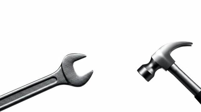 Wrench and hammer isolated against white background illustrating repair and maintenance services with equipment for construction and carpentry projects