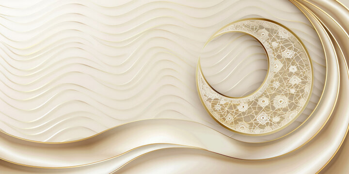 Elegant golden crescent moon with intricate ornament on abstract wavy background