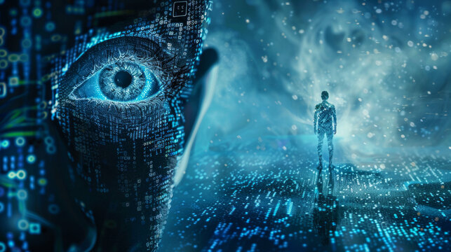 Artificial intelligence eye watching a human standing on a circuit board in a futuristic cyberspace. Data privacy and cybersecurity concepts.