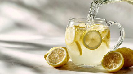Lemon water being poured into a glass