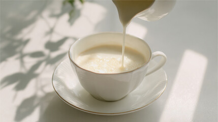 Cream being poured into a cup of coffee