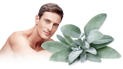 Man with a serene expression next to a succulent plant