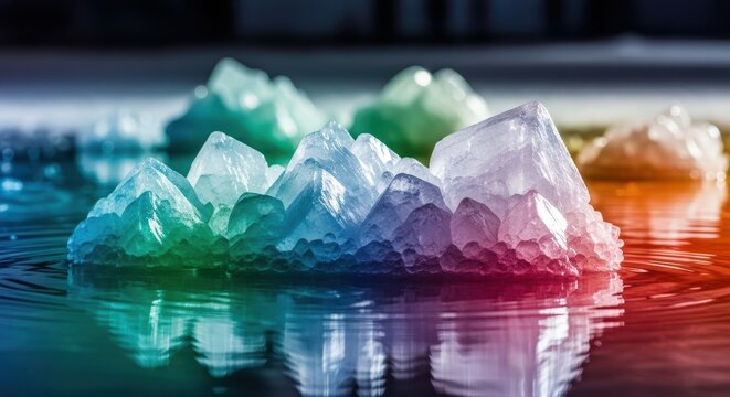 Close up view of massive salt crystals forming on the surface of supersaturated brine solution undergoing evaporation in a large industrial setting, chemistry, chemical, dense