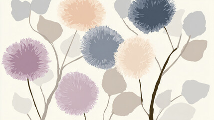 Soft Pastel Dandelions with Leaves on White Background