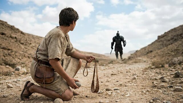 Young shepherd David kneeling in a rocky canyon holding a leather sling and stone while facing a giant armored warrior in the distance representing the famous biblical battle and victory