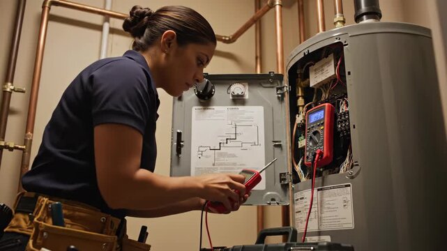 Female technician repairing water heater with multimeter in residential setting. Technician checks connections using multimeter for proper function in household plumbing system.