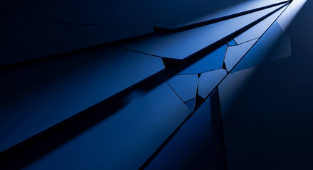 Abstract image of blue geometric shards with sharp edges and a beam of light, representing technology, innovation and futuristic concept