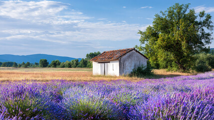 Lavender Field with Rustic Stone Building Under Blue Sky