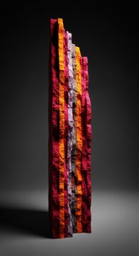 Vertical geological dike formation showing distinct, sharply defined layers of deep crimson and rust-colored iron ore rock, mineral, wall, stratification