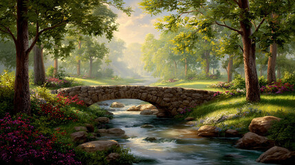 Stone bridge over a shallow stream in a lush forest