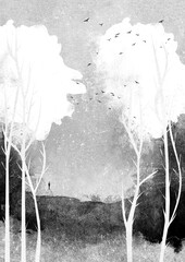 Ilustracja krajobraz duże wysokie drzewa sylwetka człowieka na skarpie czerń i biel. Hand made drawing.   © Monika