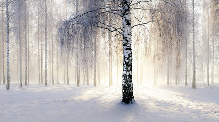 Snow-covered forest with birch trees during winter