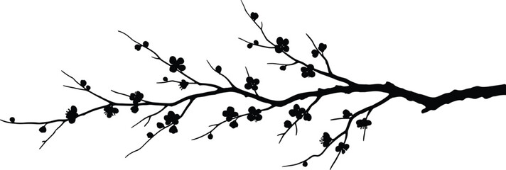 Fototapeta premium Black Silhouette Illustration of Flowering Tree Branch Featuring Blossoms and Buds in Minimalist Botanical Decorative Design Style