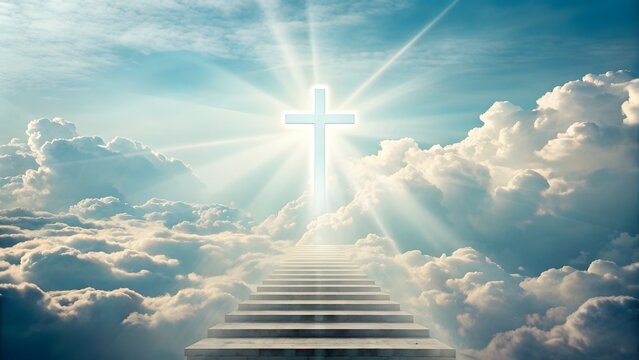 Divine light beams through heavenly clouds with pathway high resolution photo